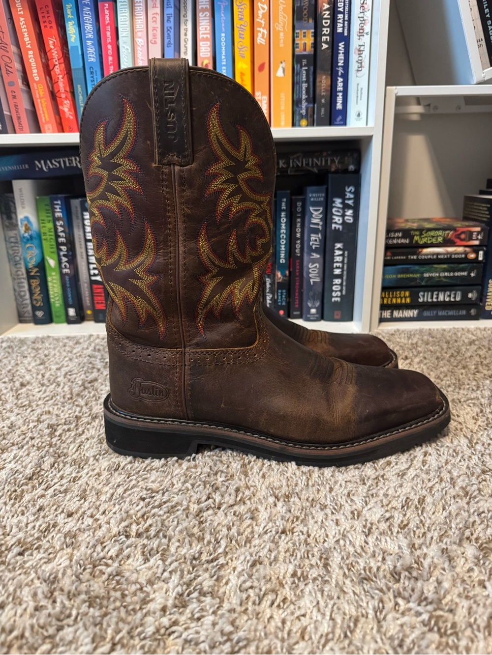 Men’s Justin Brown Western Work Boots with Yellow & Red Stitching